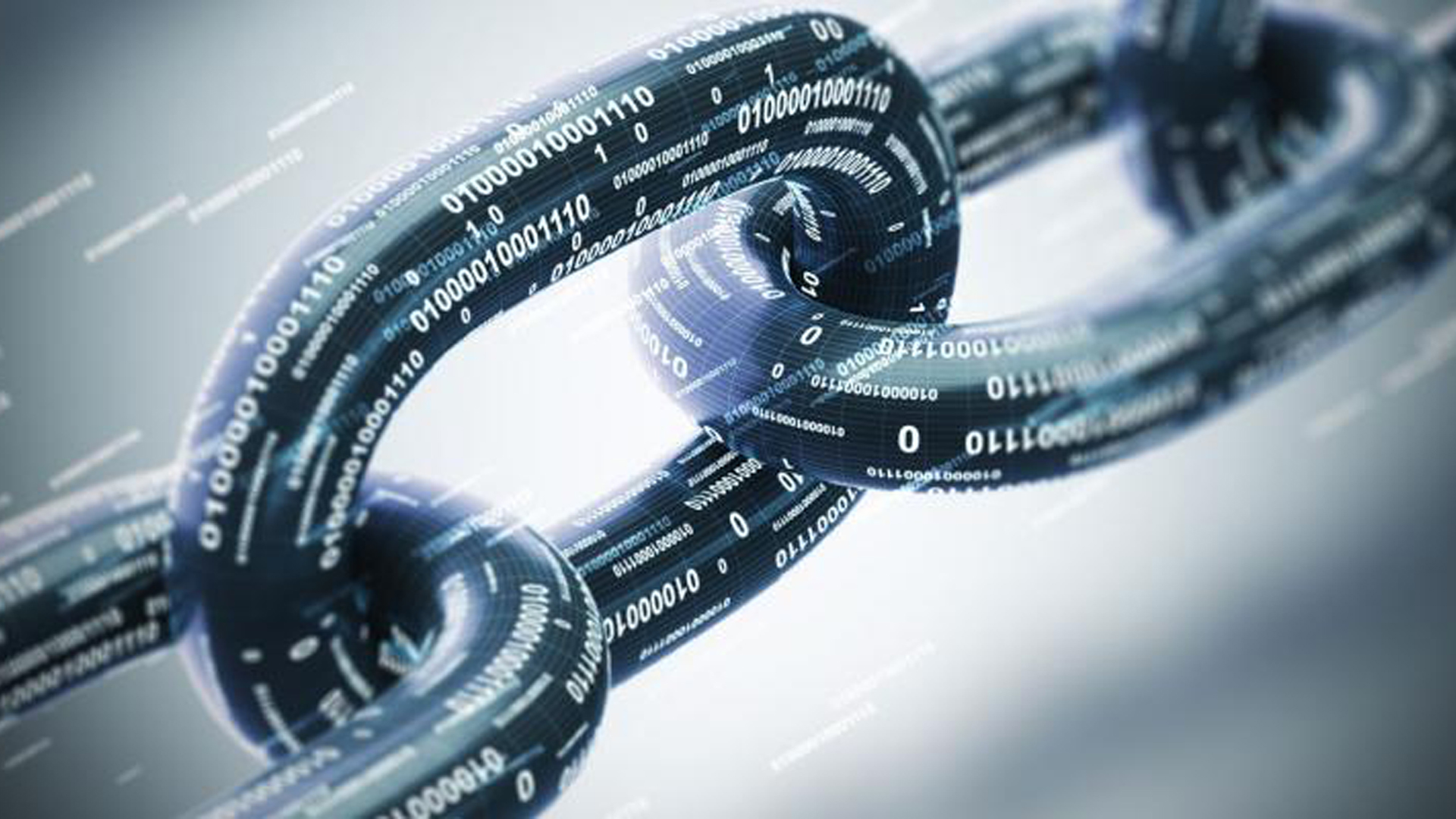 A 3D rendering of a chain composed of glowing blue binary code on a white background, representing the verification of data integrity in cloud services.